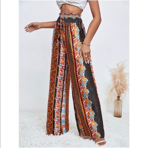 Boho Paisley Floral Polka Dot Print High Waist Rise Wide Leg Palazzo Pants - Picture 4 of 13